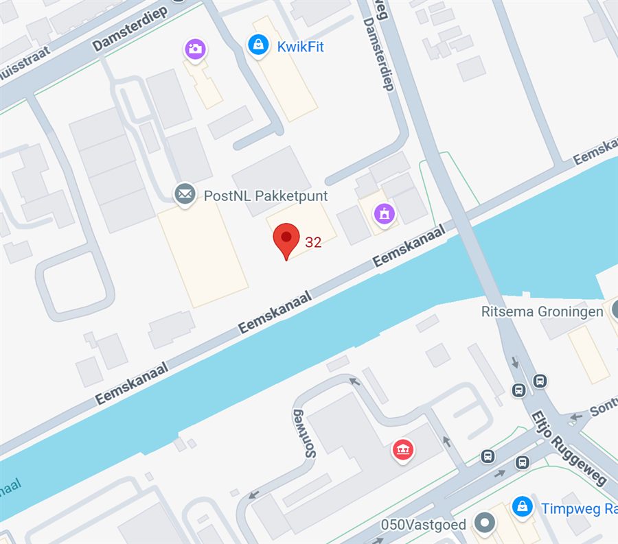Kaart met de locatie van het atelier aan het Eemskanaal in Groningen